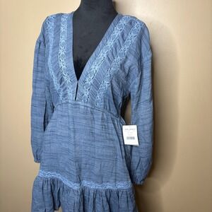 NWT $128 Free People Rugged Beauty Swing Dress Boho Mini Dress Blue Size S
